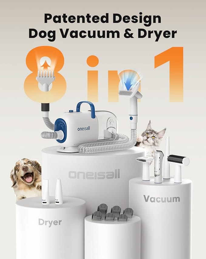 Oneisall BM1 Dog Vacuum & Dryer 8-in-1 Grooming Kit with Pet Clippers