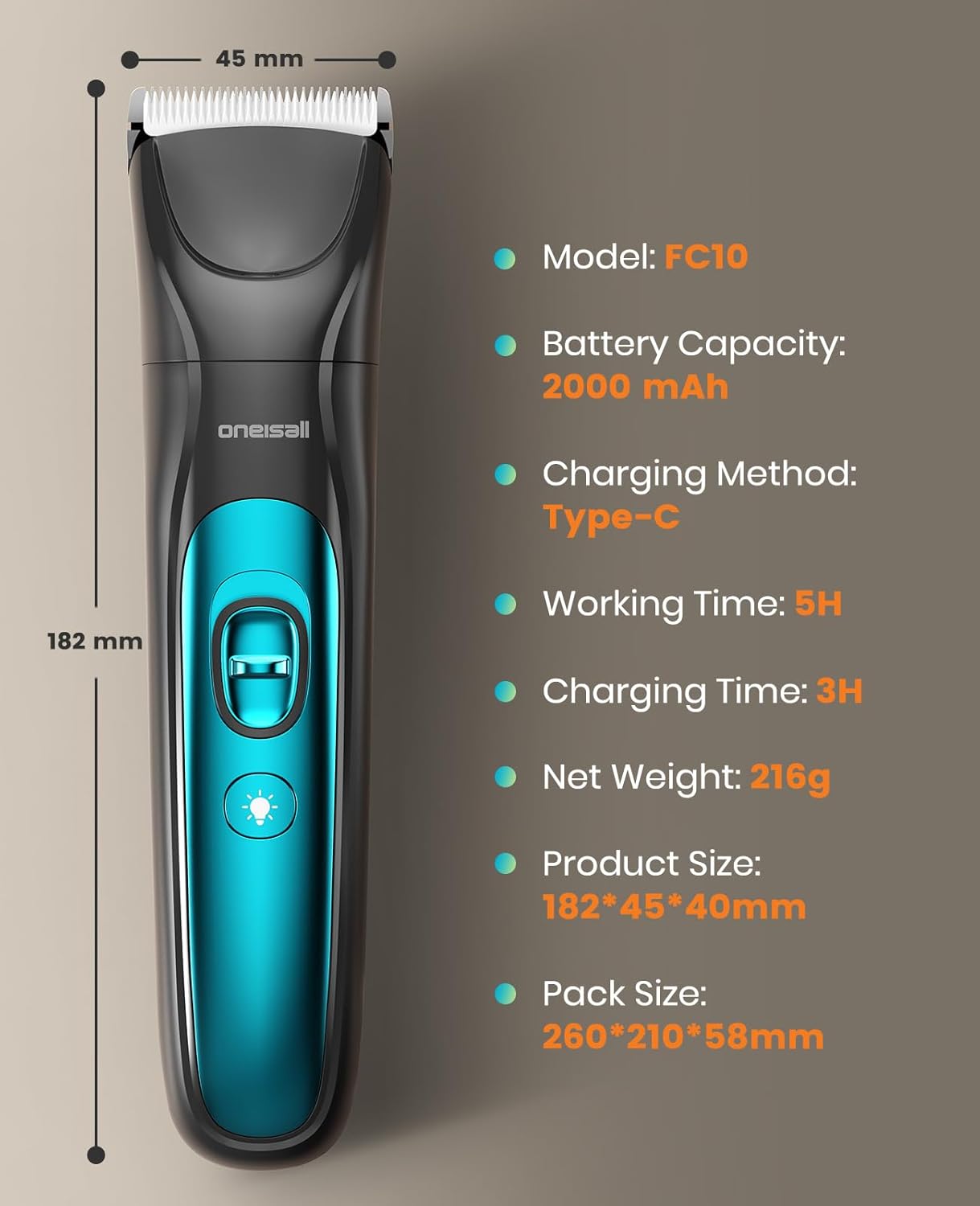 Oneisall FC10 4 In 1 Dog Clippers & Paw Trimmer Grooming Kit with LED Light and Nail Grinder