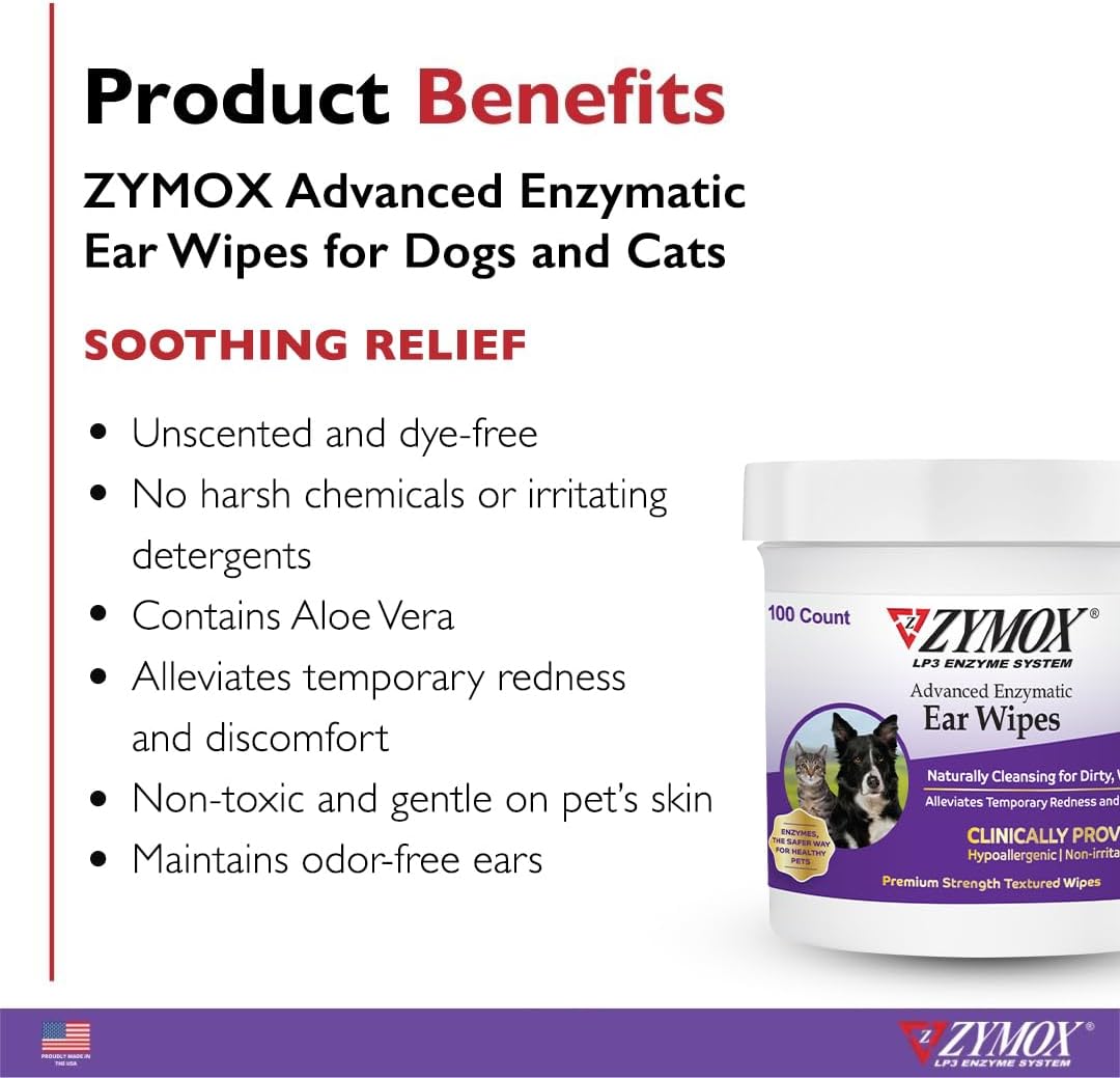 ZYMOX Advanced Enzymatic Ear Wipes for Dogs & Cats 100 and 200 Ct