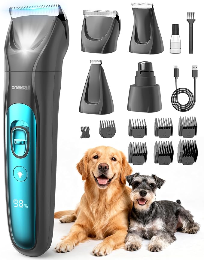 Oneisall FC10 4 In 1 Dog Clippers & Paw Trimmer Grooming Kit with LED Light and Nail Grinder