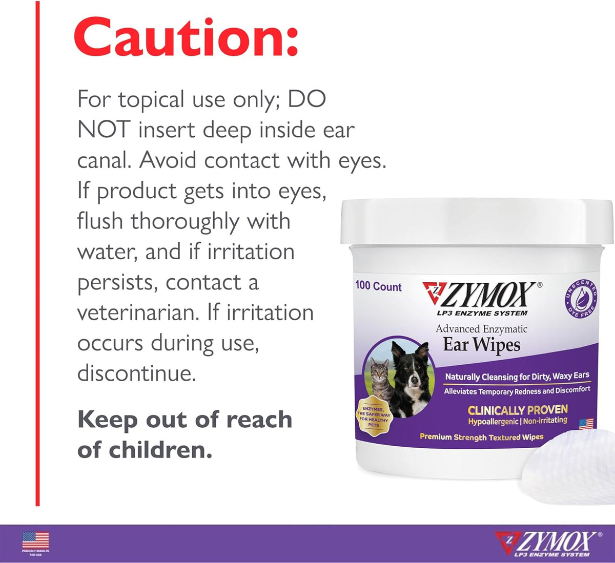 ZYMOX Advanced Enzymatic Ear Wipes for Dogs & Cats 100 and 200 Ct