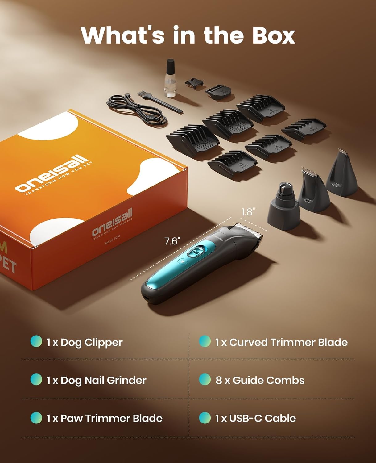 Oneisall FC10 4 In 1 Dog Clippers & Paw Trimmer Grooming Kit with LED Light and Nail Grinder