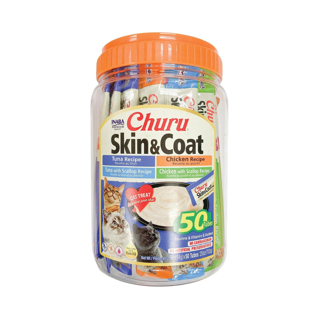 INABA Churu Skin & Coat Lickable Omega-3, Taurine & Vitamin E Cat Treats 14g x 50 Tubes