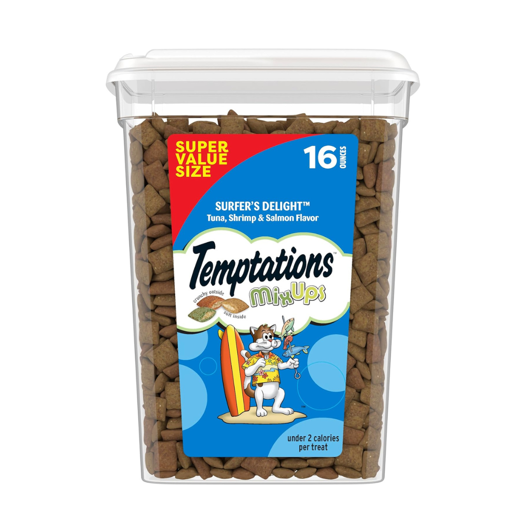TEMPTATIONS MixUps Surfer's Delight Cat Treats 16 oz Tub Tuna, Shrimp & Salmon Flavors