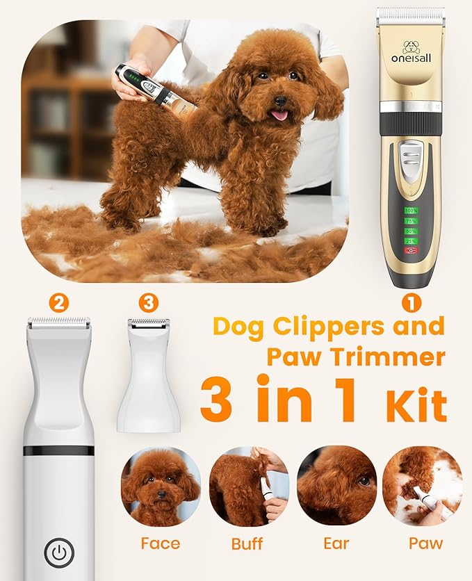 Oneisall N5 2 In 1 Dog Clippers & Paw Trimmer Kit Cordless Pet Grooming Clippers