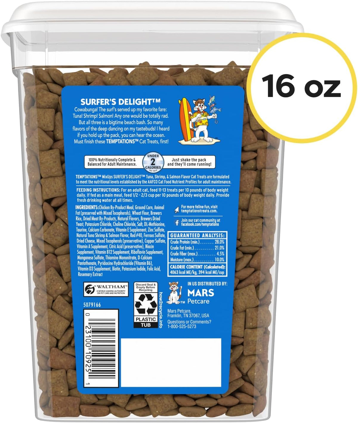 TEMPTATIONS MixUps Surfer's Delight Cat Treats 16 oz Tub Tuna, Shrimp & Salmon Flavors