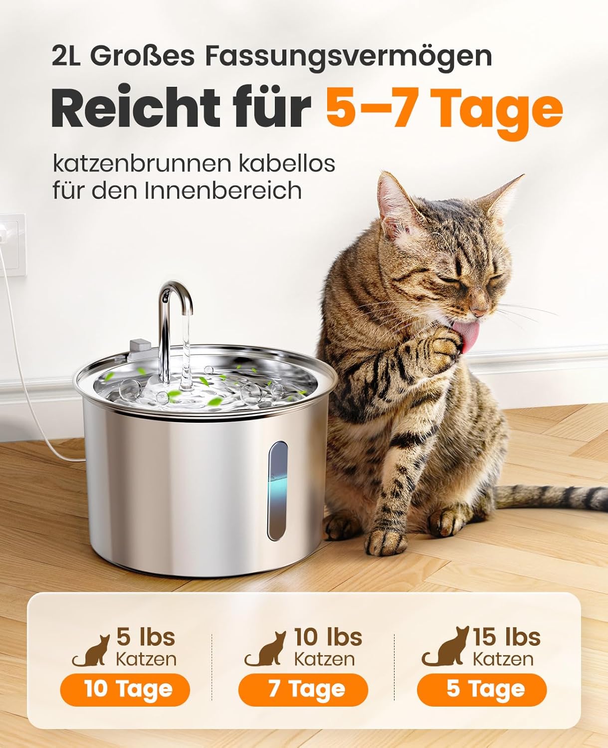 Oneisall 2L Stainless Steel Cat Water Fountain with 3 Replacement Filters