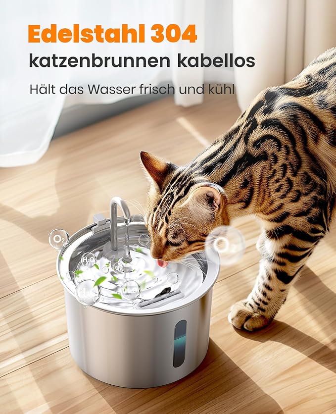 Oneisall 2L Stainless Steel Cat Water Fountain with 3 Replacement Filters