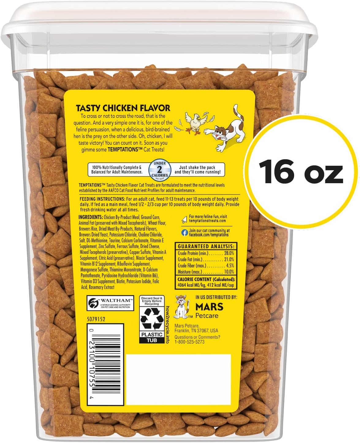 TEMPTATIONS Classic Crunchy & Soft Cat Treats Tasty Chicken Flavor 16 oz Tub