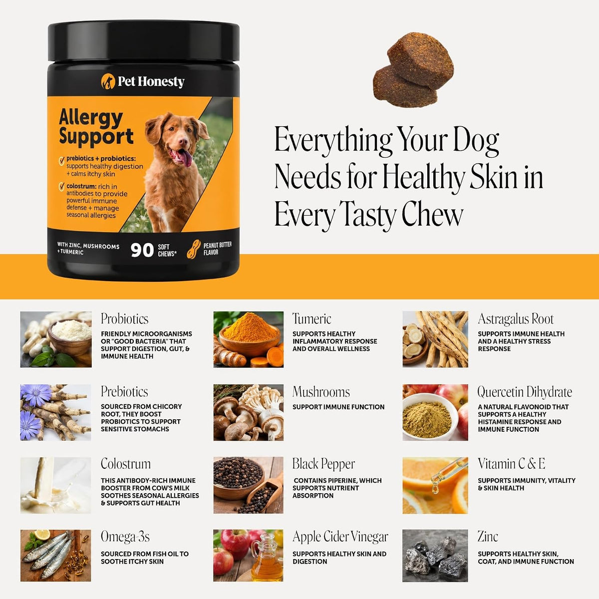 Pet Honesty Probiotics & Salmon Oil Dog Allergy Chews 90 Ct, Itch Relief for Dogs