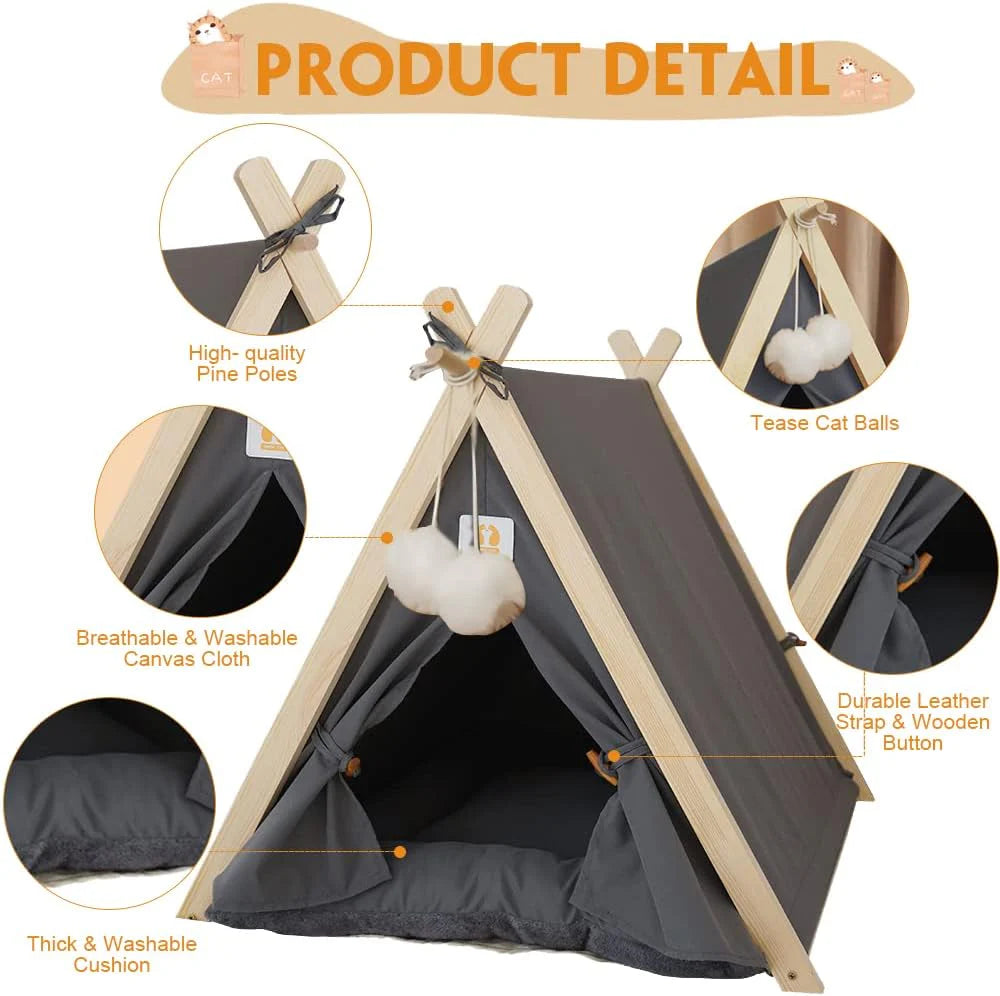 Large Washable Canvas Pet Cat Dog Tent House with Cushion